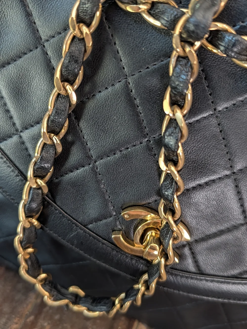 Chanel Vintage Black Quilted Leather Shoulder Bag with Gold Chain
